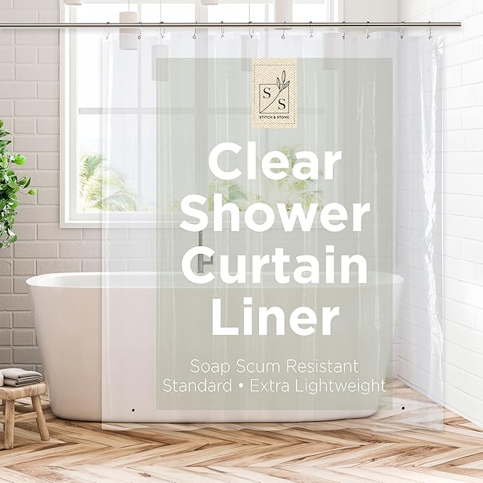 Stitch & Stone Shower Curtain Liner, Premium Extra Lightweight Durable Waterproof 3g PEVA for Bathroom with Weighted Magnets, Standard Size 70" x 72" Clear 1 Pack