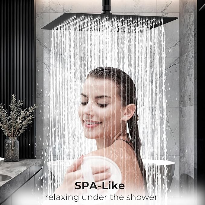 Rain Shower Head, High Flow Stainless Steel Square Rainfall Shower, Waterfall Bath Shower Body Covering, Ceiling or Wall Mount, Ultra Thin (12 Inch, Matte Black)