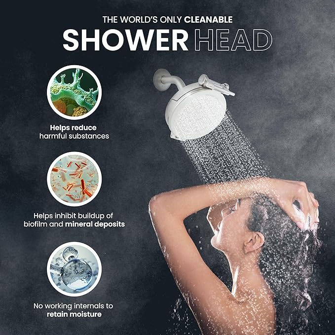 Shower Clear-The World’s Only Cleanable Shower Head with Patented Open-Clean Design to Reduce Moisture and Buildup, High Pressure Flow, Universal Fit -Nickel (1.1 lbs, 5.5 inches)