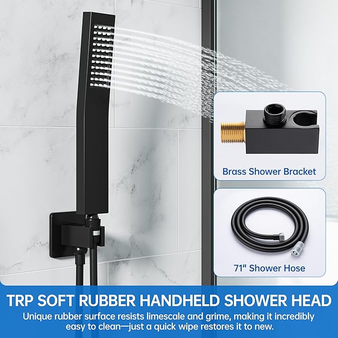 10 Inch Luxury Rain Shower Faucet Set, Matte Black Shower System with Rainfall Shower Head and Handheld Spray, SUS304 Stainless Steel and Solid Brass Wall Mounted Shower Valve Trim Kit