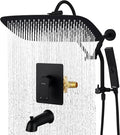 G-Promise 14 Inches Shower faucet Sets Complete, All Metal Rainfall Shower Head and Handle Set, Extended Downward Diverter, Extension Arm, Pressure Balance Rough-in Valve and Tub Spout Included