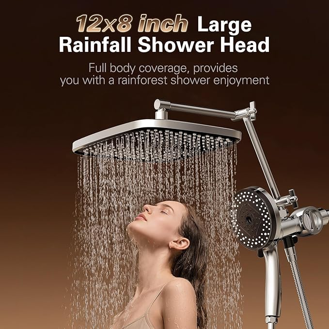 Denkee Filtered Shower Head High Pressure, 12 Inch Rain Shower Heads with Handheld Spray Combo, 10 Sprays Detachable Showerhead Built-in Magnetic Docking and Power Jets, Come with Filter Replacement