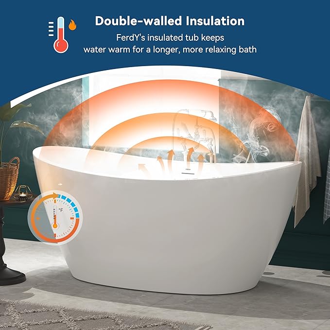FerdY Naha 67" Freestanding Bathtub, Curve Edge Soaking Bathtub with Polished White Drain and Minimalist Linear Design Overflow, Easy to Install