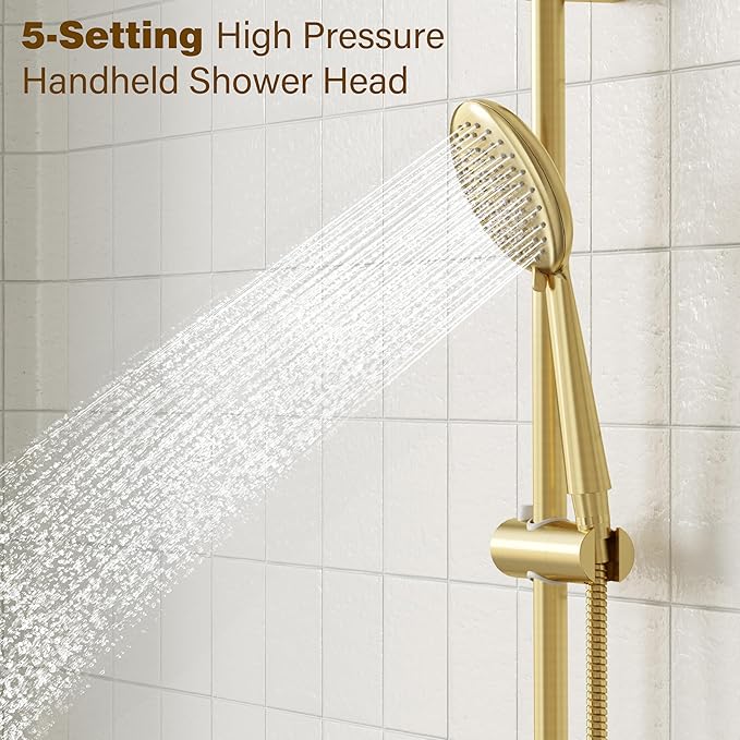 Gabrylly Shower System Gold, Slide Bar Shower Faucet Set with High Pressure 10" Rain Head and 5-Setting Handheld Spray, 2 Way Pressure Balance Valve with Trim Kit, Brushed Gold