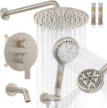 Iriber Brushed Nickel Bathtub Shower Faucet Set，Bathroom Shower System with Tub Spout ，Filtered Shower Head with Handheld, 9 Spray Mode Showerhead,Shower Valve Trim Kit Contain Cartridge,10 Inch