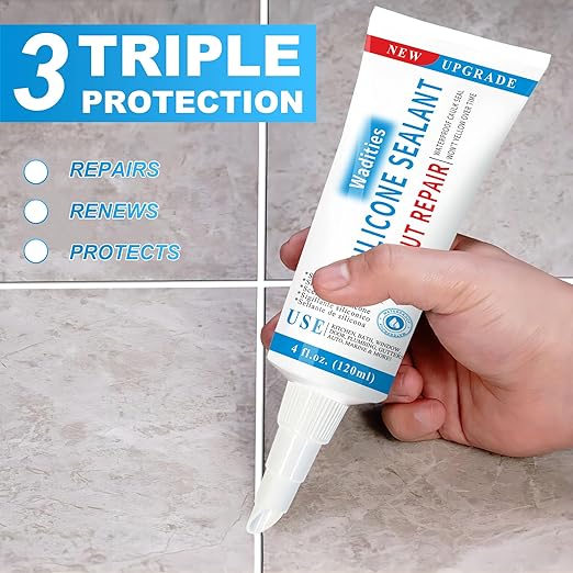 8Oz White Waterproof Caulk & Seal Silicone Sealant, Wadities Tile Grout Repair Kit with Grout Remove Scraper, Shrink & Crack Proof for Bathroom, Shower, Kitchen, Floor (4Oz, Pack of 2)