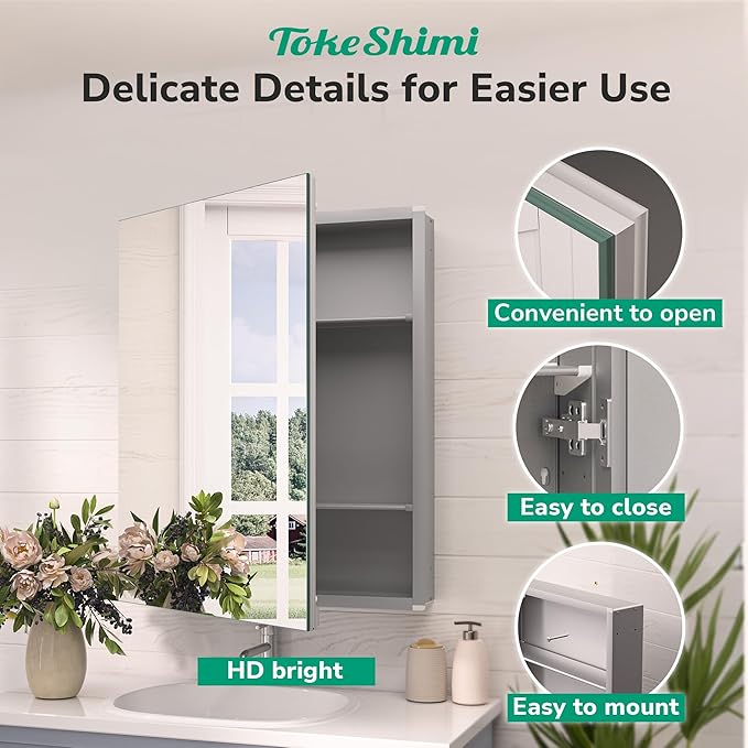 TokeShimi 64x32 Bathroom Medicine Cabinet with Mirror Tempered, Aluminum Silver Mirrored Medicine Cabinet Recessed or Surface Mount with Adjustable Storage Metal for Modern Farmhouse