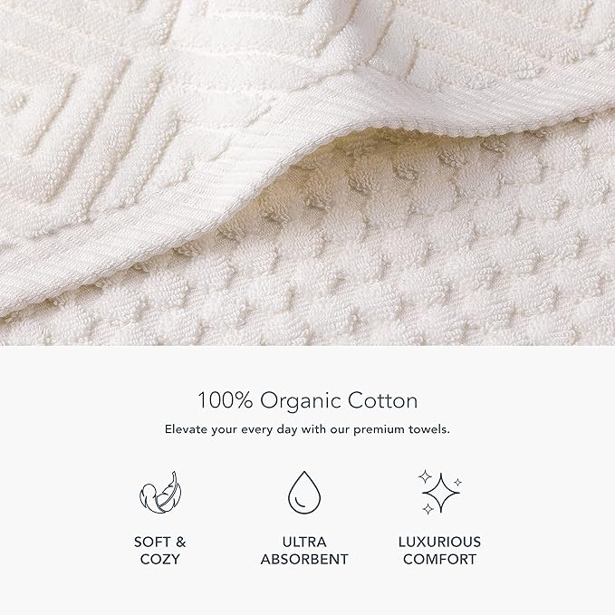 Texere 100% Organic Cotton Diamond Jacquard 700 GSM Luxury Bath Towel Sets - Ultra Soft and Absorbent Hotel and Spa Quality (Diamond, Cream, 4 Bath Towels)