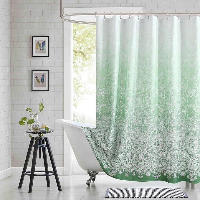 90 Inch Extra Long Shower Curtain - Chantilly Lace Design, Heavyweight Polyester, Grass Green to White Ombre, 72" W x 90" H