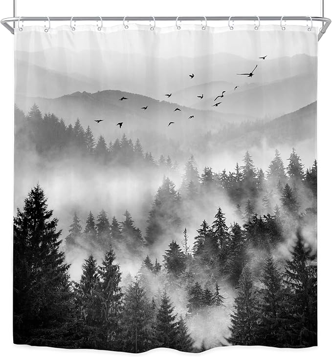 Riyidecor Black and White Shower Curtain 72Wx72H Inch Mountain Scenery Nature Pine Tree Cool for Mens Scene View Landscape Bathroom Decor Fabric Polyester Waterproof 12 Pack Hooks