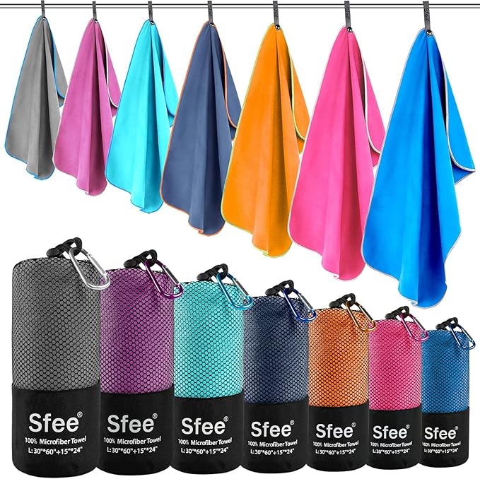 Sfee 2 Pack Microfiber Travel Towel, Quick Dry Towel Camping Towel Large Beach Towel Super Absorbent Compact Lightweight Sports Gym Towels for Gym, Hiking, Pool, Backpacking, Bath, Yoga