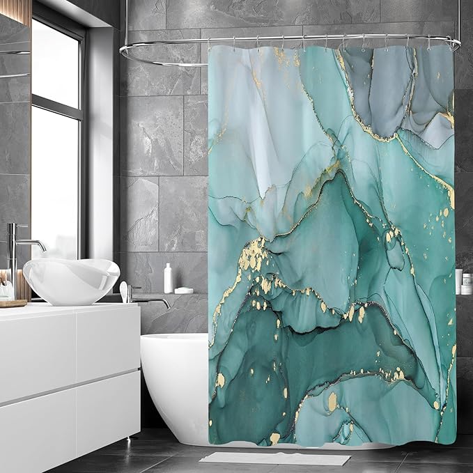 Extra Wide Marble Shower Curtain 108 x 72, Turquoise Abstract Shower Curtains for Claw Foot Tub, Modern Luxury 108 inch Long Shower Curtain Set with 18 Pack Plastic C-Hooks