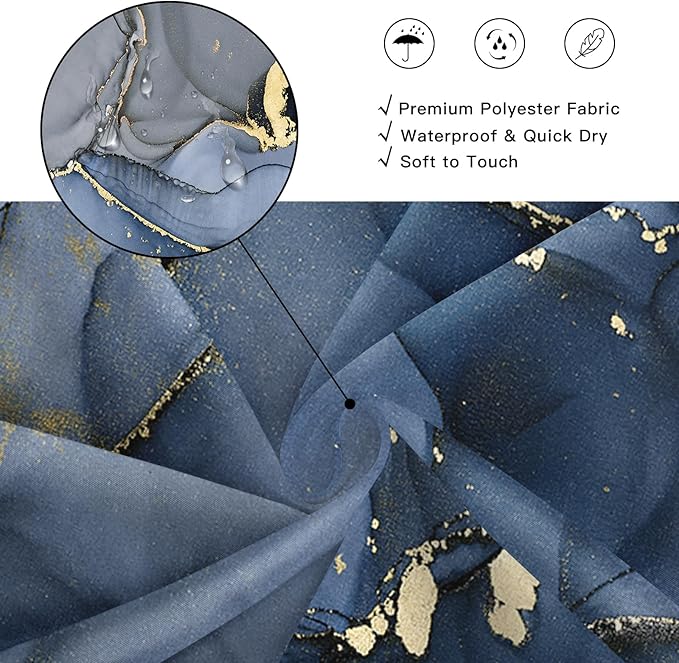 Extra Long Shower Curtain 72 x 96 Inch, Navy Blue Floor to Ceiling X-Long Abstract Marble Shower Curtains for Bathroom, Modern Luxury Art Ink Fabric Shower Curtain Set with Hooks