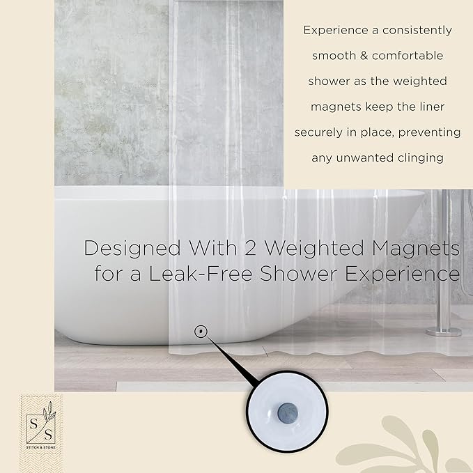 Stitch & Stone Shower Curtain Liner, Premium Lightweight Durable Waterproof 4g PEVA for Bathroom with Weighted Magnets, Standard Size 70" x 72" Clear 1 Pack