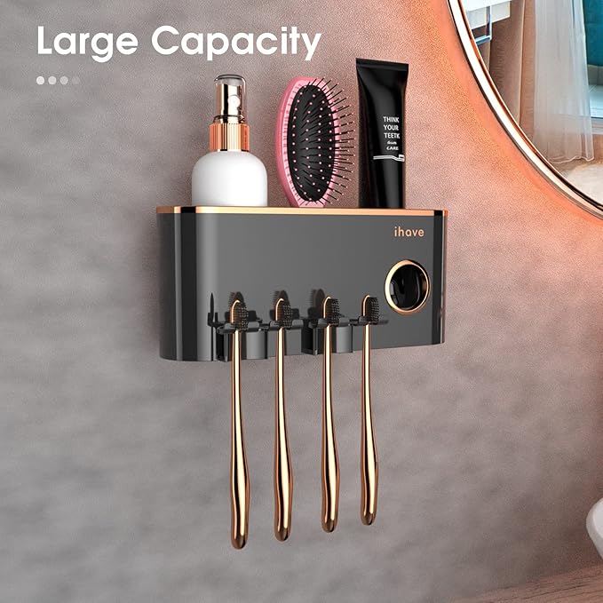 iHave Toothbrush Holders Bathroom Accessories with Toothpaste Dispenser, 2 Cups Toothbrush Holder Wall Mounted Bathroom Decor