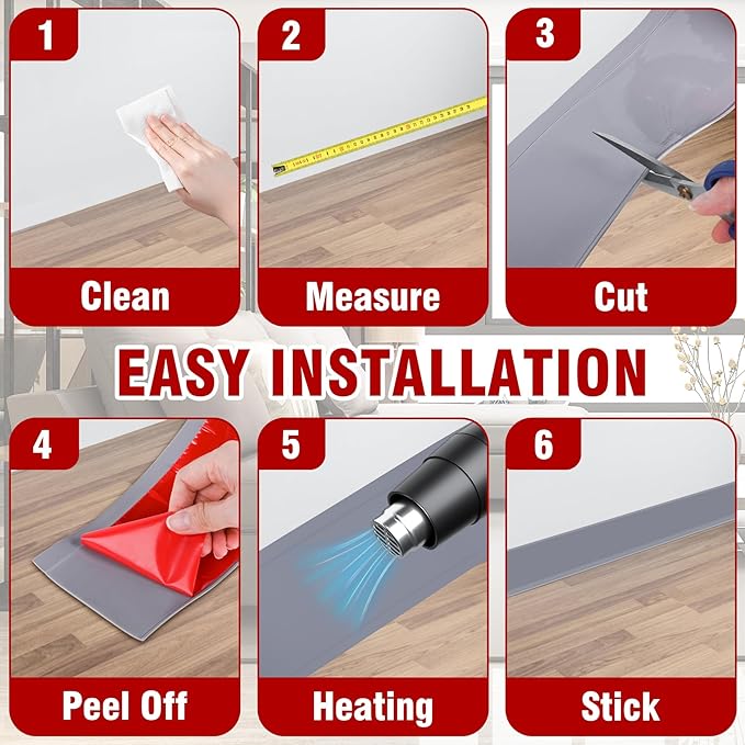 Vinyl Baseboard Molding Trim 4 Inch x 60 Feet Peel and Stick Baseboard Trim Flexible PVC Cove Base Moulding Self-Adhesive Trim for Garage Bathroom Cabinet Floor Walls, Gray
