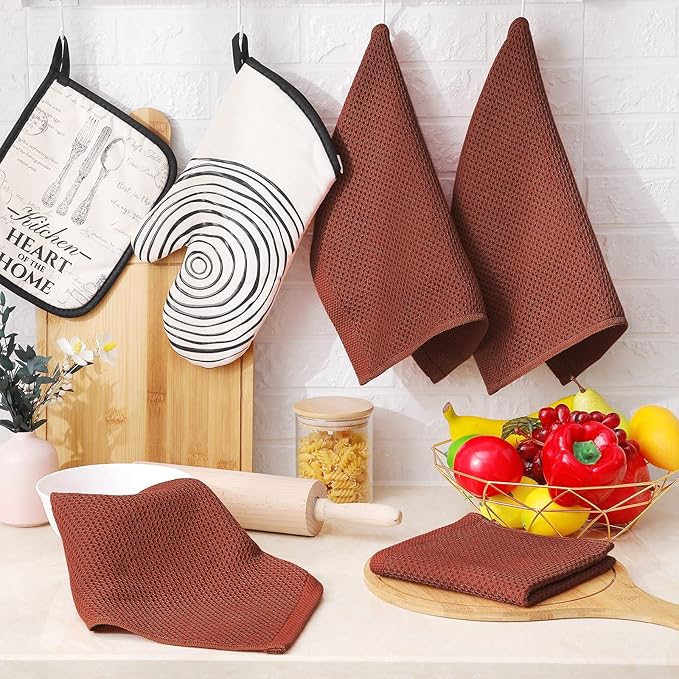 Homaxy 100% Cotton Waffle Weave Kitchen Dish Cloths, Ultra Soft Absorbent Quick Drying Dish Towels, 12 x 12 Inches, 6-Pack, Rust