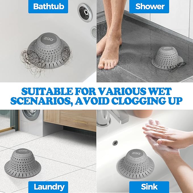 zaa Bathtub Drain Hair Catcher, Premium Silicone Shower Hair Catcher, 1Pack Collapsible Hair Stopper for Pop Up and Regular Drains of Shower, Bathtub, Bathroom, Sink, Shower Parts, Gray