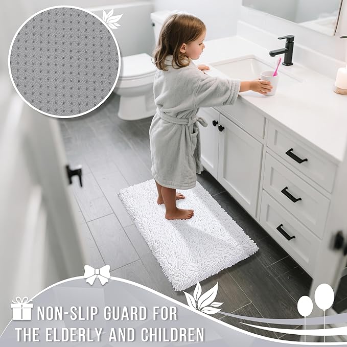 Yimobra Chenille Bathroom Rugs Non Slip, Extra Thick Soft Absorbent Bath Rug, Machine Washable Quick Dry Bath Mat for Bathroom Floor, Tub and Shower, Home Decor Accessories, 24x17, White