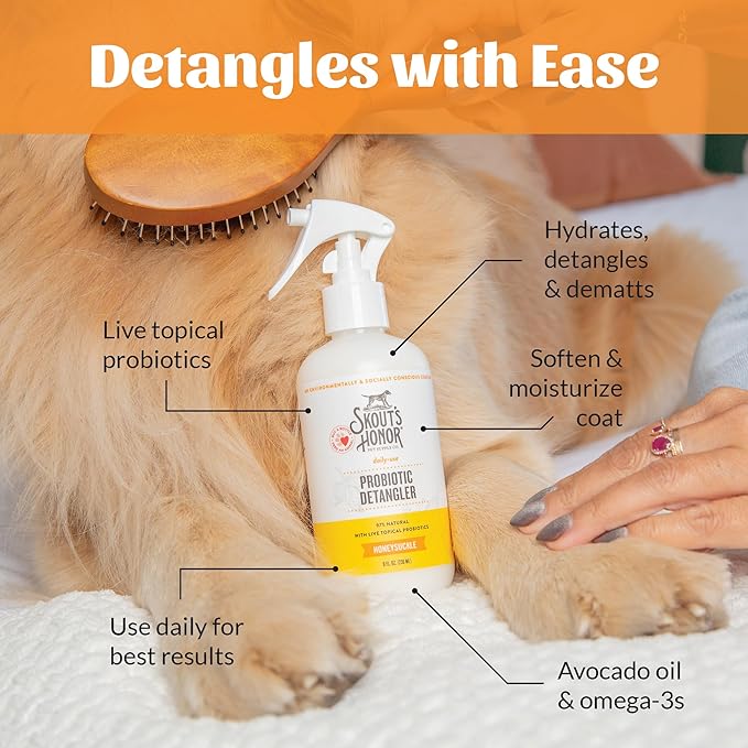 Skout's Honor Probiotic Pet Detangler Spray - Hydrating & Conditioning w/Avocado Oil, 97% Natural, Paraben & Sulfate-Free, softens for a More brushable Coat, Daily Use, 8oz, Honeysuckle, 2-Pack