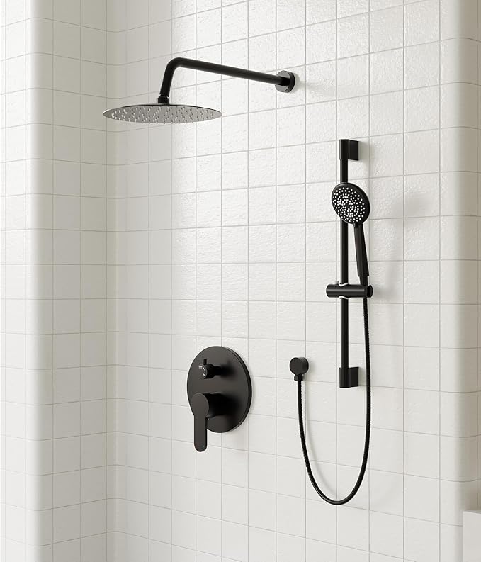 Gabrylly Shower System, High Pressure 12" Rain Shower Head with Handheld Shower,Wall Mounted Slide Bar Shower Faucet Set Complete, Shower Combo Set with Shower Valve,Matte Black