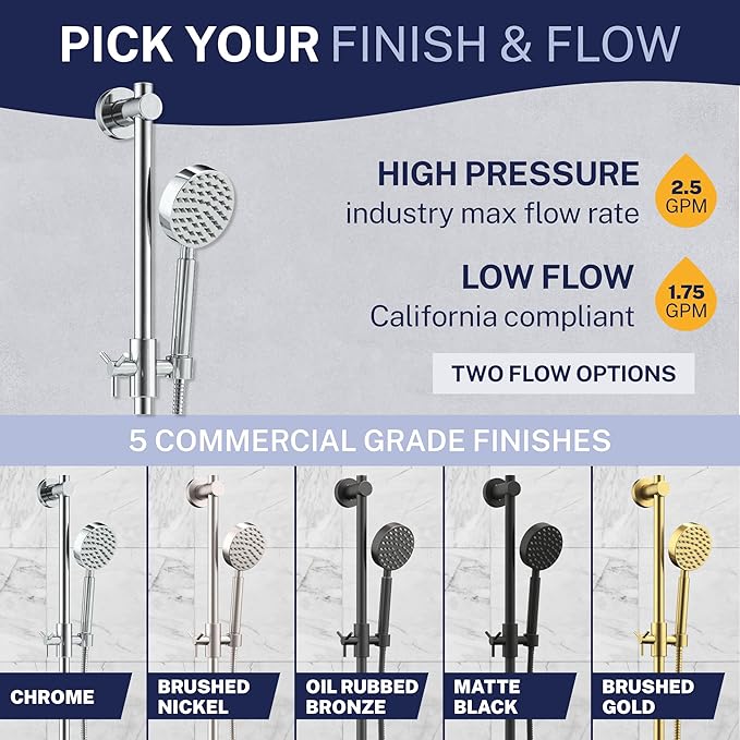 HammerHead Showers® SOLID METAL 27.5 Inch Shower Slide Bar Set and Handheld Shower Head with Hose — CHROME — 1.75 GPM Low Flow Spray Wand — Easily Adjust Height & Angle of Handshower