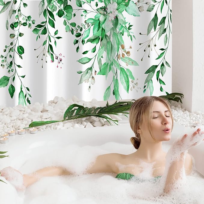 Gibelle Emerald Green Eucalyptus Shower Curtain, Watercolor Plant Leaves with Floral Bathroom Shower Curtain Set, 72x72