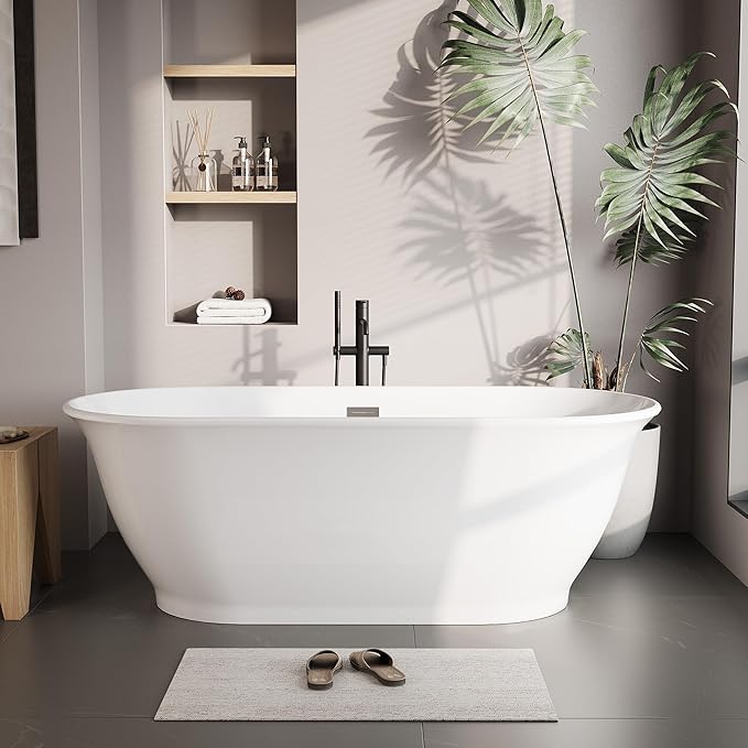 Freestanding Bath Tub 67 Inch Acrylic Oval Soaking Tub – Extra Large Freestanding Bathtub with Integrated Overflow, Glossy White Stand Alone Soaking Tub for Family Bathroom or Main Suite Upgrade