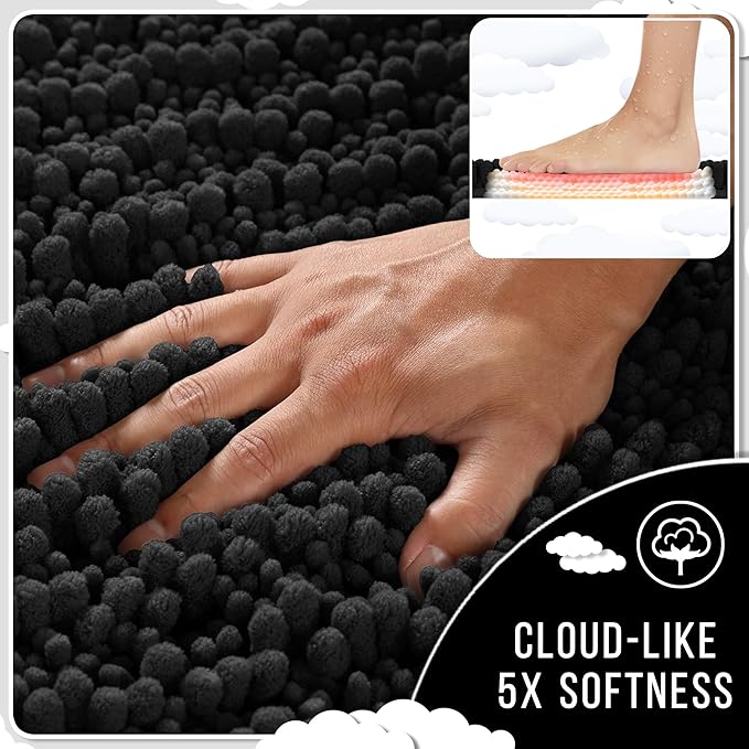 Yimobra Bathroom Rugs Sets 2 Piece - Quick Dry Extra Thick Luxury Chenille Bath Mat, Non Slip Super Absorbent for Tub Shower Sink, Machine Washable Shaggy Floor Mat, 24"x17+24"x20" Inch, Black