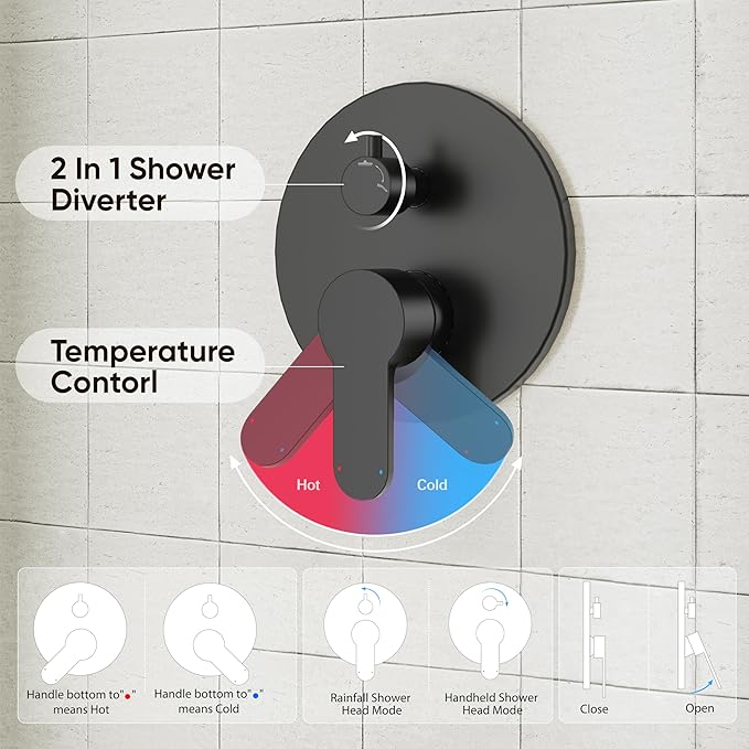 Gabrylly Shower System Black, Pressure Balance Shower Faucet Set, 10" Stainless Steel Rain Shower head with 5-Mode Handheld Shower Spray Combo,High Pressure Rainfall Shower Head Set, Matte Black