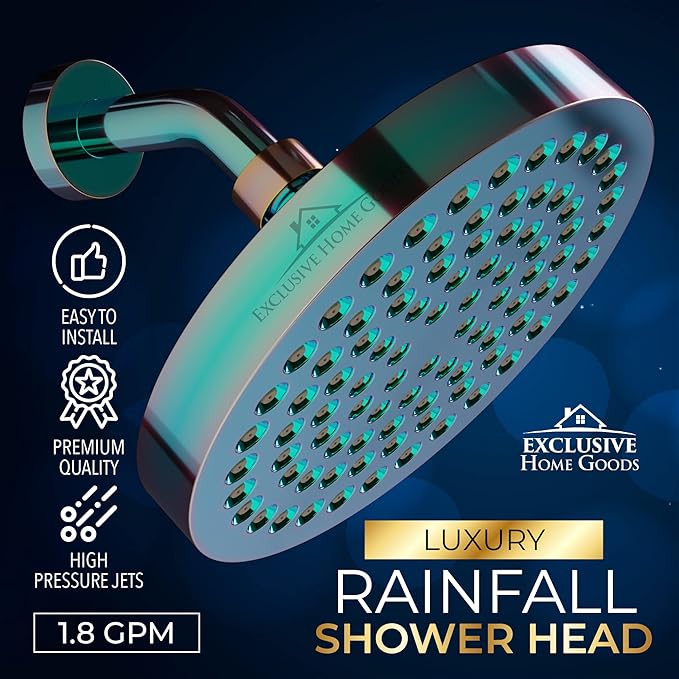 Rainfall Shower Head - 6" High Pressure Shower Heads - 1.8 GPM Shower Heads with Anti-Clog 90 Rubber Jets - 360° Rotation Adjustable Shower Head - Rustproof Bathroom Shower Head - Polished Rainbow