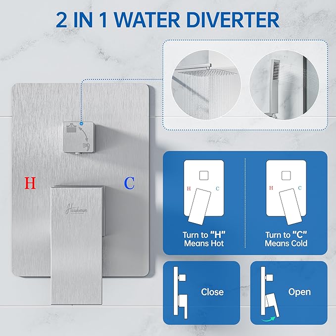 16 Inch Luxury Rain Shower Faucet Set, Brushed Nickel Shower System with Rainfall Shower Head and Handheld Spray, SUS304 Stainless Steel and Solid Brass Wall Mounted Shower Valve Trim Kit