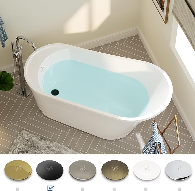 FerdY Langkawi 59" Acrylic Freestanding Bathtub, White Modern Stand Alone Soaking Bathtub, cUPC Certified, Matte Black Drain and Minimalist Linear Design Overflow Included, Easy to Install