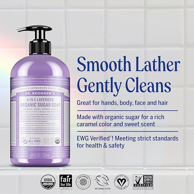 Dr. Bronner's Organic Sugar Soap (Lavender, 64 Ounce)- Made with Organic Oils, Sugar & Shikakai Powder, 4-in-1 Uses: Hand and Body Wash, Face, Hair- Cleanses, Moisturizes, Nourishes, Vegan