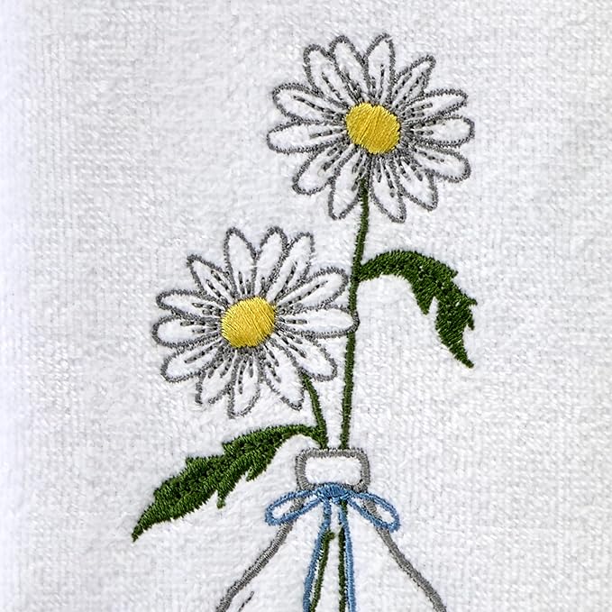 SKL Home Daisies in Vase Hand Towel 2pc Set for Bath/Kitchen/Bar & Gift, Optic White
