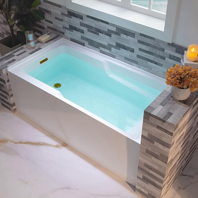 WOODBRIDGE 60" Acrylic Rectangular Alcove Soaking Bathtub in White with Left Drain, Brushed Gold pop-UP Drain Included BA6030L