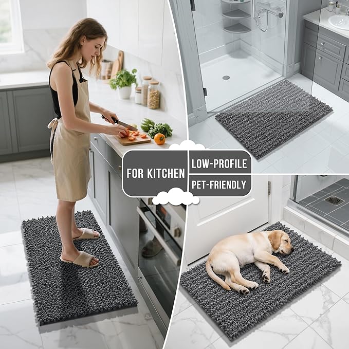 Yimobra Bathroom Rugs Non Slip Washable 32x20 Inch - Ultra Soft Absorbent Chenille Bath Mat, Quick Dry Shaggy Floor Carpet for Tub Shower, Dark Gray Home Decor Accessories