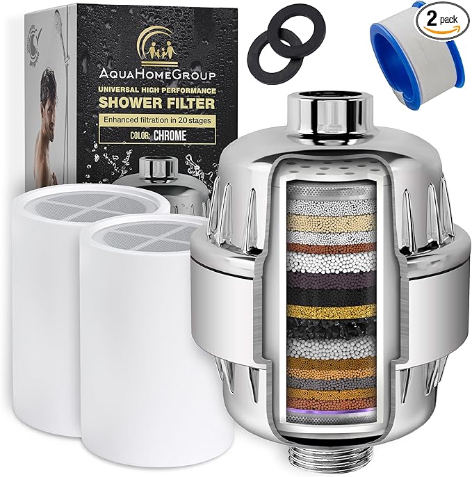 AquaHomeGroup 20 Stage Shower Head Filter with Vitamin C E A for Hard Water - High Output Filter to Remove Chlorine and Fluoride - 2 Cartridges Included - Consistent Flow Showerhead Filters