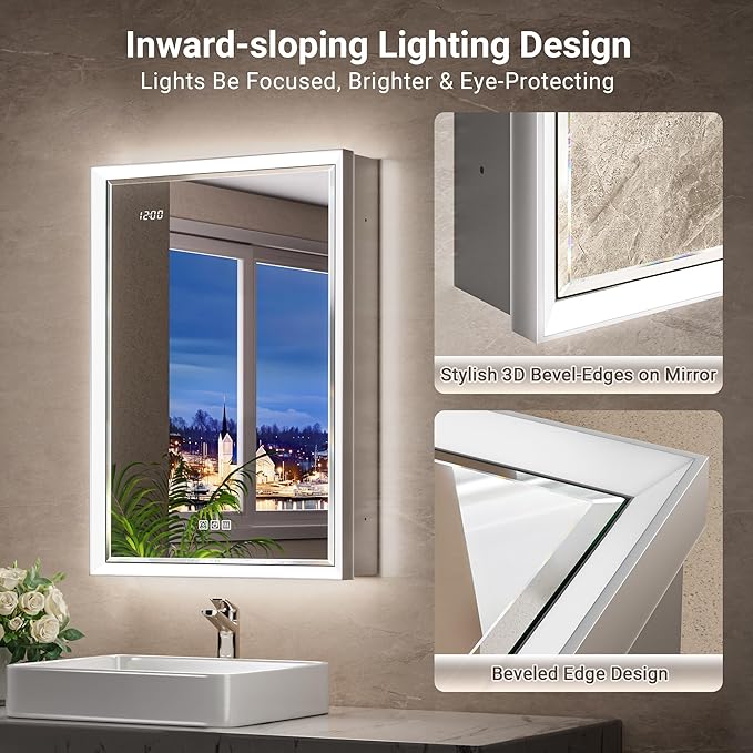 30x32 Beveled Lighted Medicine Cabinet with Mirror & Lights, Surface or Recessed Mirrored Medicine Cabinet with Outlet & Clock, Anti-Fog Dimmable LED Storage Cabinet, Built-in Sensor Light