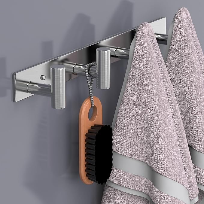 HUFEEOH 2 Pack Coat Rack Wall Mount, Stainless Steel T Shaped 4 Hooks Coat Hooks for Bathroom, Heavy Duty Wall Hooks Towel Hooks for Hanging, Silver Towel Rack Purse Hanger for Mudroom Entryway