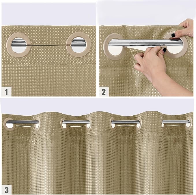 MitoVilla Beige Waffle Small Stall Shower Curtain Liner Set 36 x 74, No Hooks Required Half Size Narrow Fabric Cloth Shower Curtain Set with Snap-in Liner for Modern Bathroom Decor, Beige/Khaki