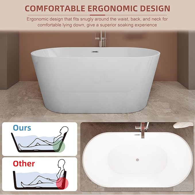 55 inch Freestanding Bathtub, Modern Soaking Stand Alone Bathtubs, Free Standing Acrylic Tub with Center Drain & Overflow, Glossy White