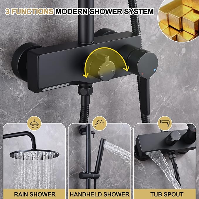 Matte Black Exposed Shower System with 2 Modes HandHeld,3 Functions Tub Shower Faucet Sets with Brass Valve, Shower Fixture with 10 Inches Rainfull Shower Head,Shower Height Adjustable