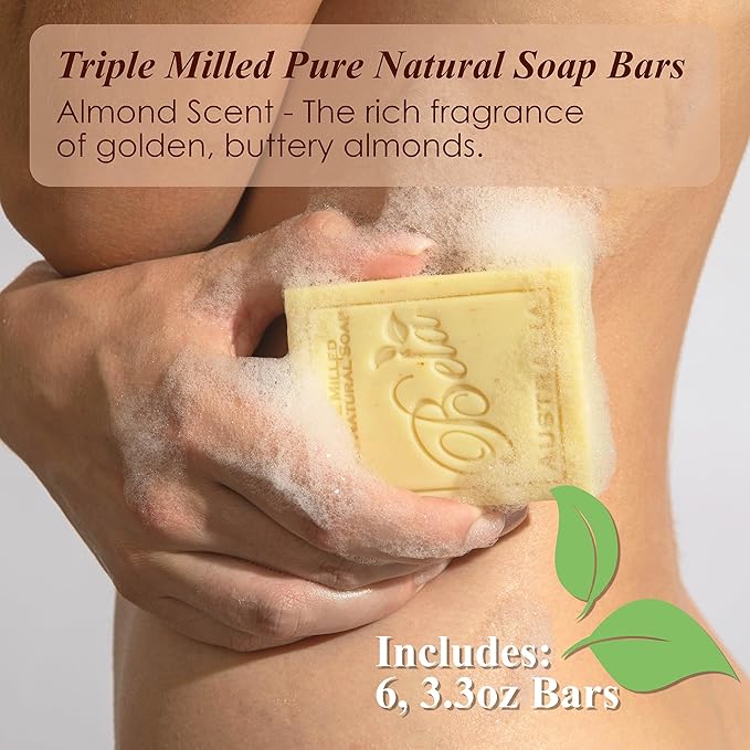 BELA Almond Soap 3.3 oz Pack of 6, French Triple Milled with Organic Shea Butter, Hand Face and Body Wash Bar Made in Australia