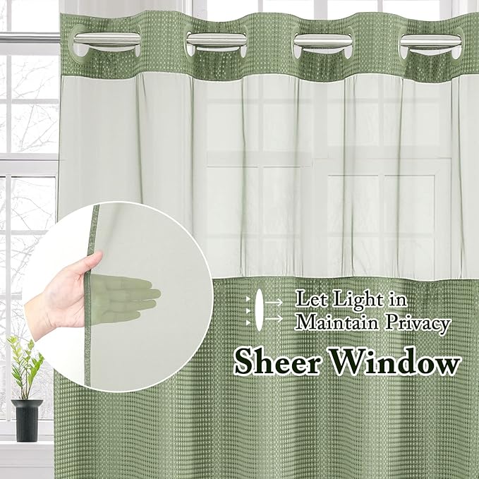 Gibelle Long Shower Curtain 72x80, Waffle Weave Bathroom Shower Curtain with Snap-in Fabric Liner Set, No Hooks Needed, Hotel Style with Mesh Top Window, Sage Green