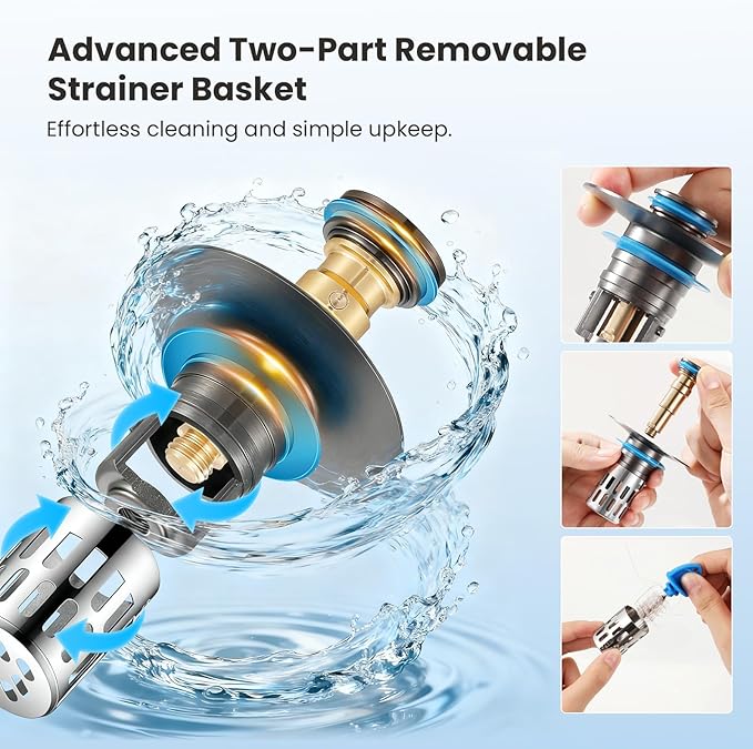 Universal Bathroom Sink Stopper, Pop Up Sink Drain Strainer Plug with Removable Stainless Steel Filter Basket Hair Catcher,Brass Body,Bathroom Bathtub Drain Stopper(2 PCS),Gun Grey