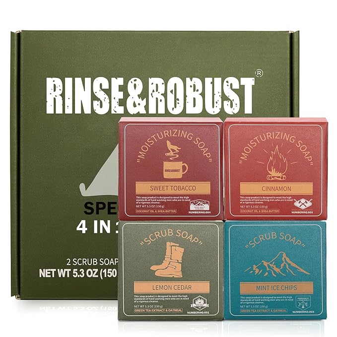 Rinse & Robust Mens Bar Soap Cleansing Bar Moisturizing & Exfoliating Scrub Soap Gift Set for Men | 4 in 1 Face Body Hand Beard Wash | Cinnamon, Lemon Cedar, Mint Ice Chips, Tobacco | 5.3 oz of 4 Bars