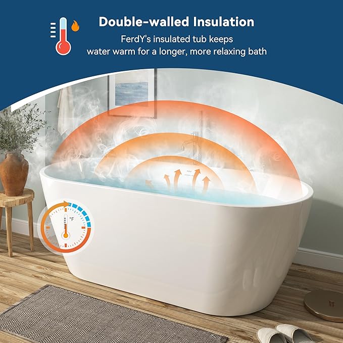 FerdY 67" Bali Acrylic Freestanding Bathtub, Gracefully Shaped Freestanding Soaking Bathtub, cUPC Certified, Toe-Tap Polished Gold Drain and Minimalist Linear Design Overflow Included
