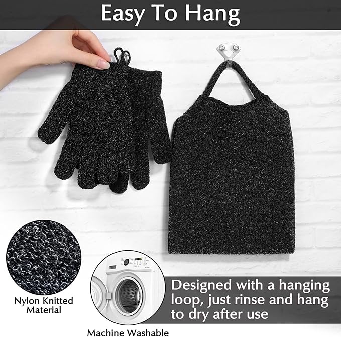 Anezus Exfoliating Back Scrubber Bath Gloves Set, Exfoliating Shower Towel with Shower Gloves for Body Scrub, Back Cleaner Wash Gloves to Remove Dead Skin (Black)