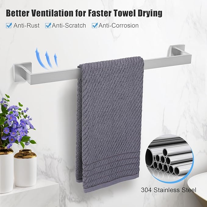 TURS 5-Piece Bathroom Hardware Set Brushed Nickel Towel Bar Set Bath Towel Holder Sets Hand Towel Holder 2 Towel Hooks, SUS 304 Stainless Steel, Q7BR-P5